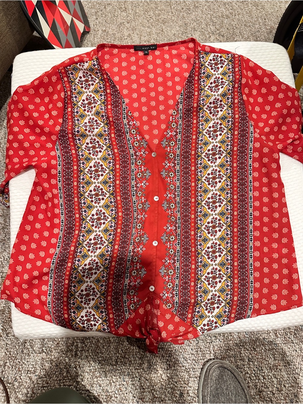 West Kei Red Printed Blouse with Delicate Cream Motifs